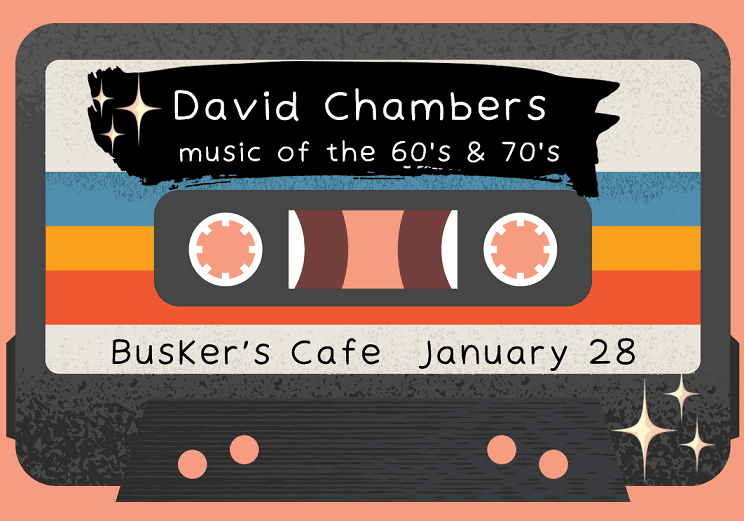 Image of old time cassette tape to promote the upcoming Busker's Cafe